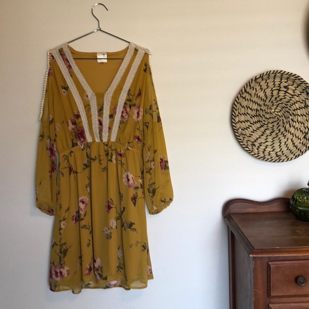 Yellow Floral Sheer Cold Shoulder Dress